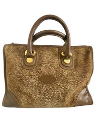 Vintage Borbonese by red wall, brown and beige leather classic bag with golden logo charm.  Unisex use. Masterpiece.