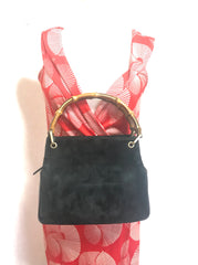 W4 Vintage Gucci black suede leather handbag with bamboo handles. Classic purse from Bamboo collection.