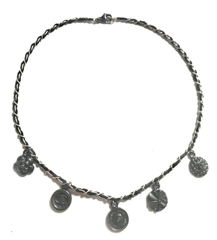 MINT. Vintage CHANEL skinny silver chain necklace with symbolic coin charms and black leather. Can be bracelet too. 060531r1