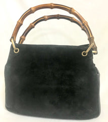 W4 Vintage Gucci black suede leather handbag with bamboo handles. Classic purse from Bamboo collection.