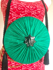 Vintage Nina Ricci black suede and green satin mix round shoulder bag with fringes and enamel star motif. Suzy Wong design. Collectible bag. 060616r3