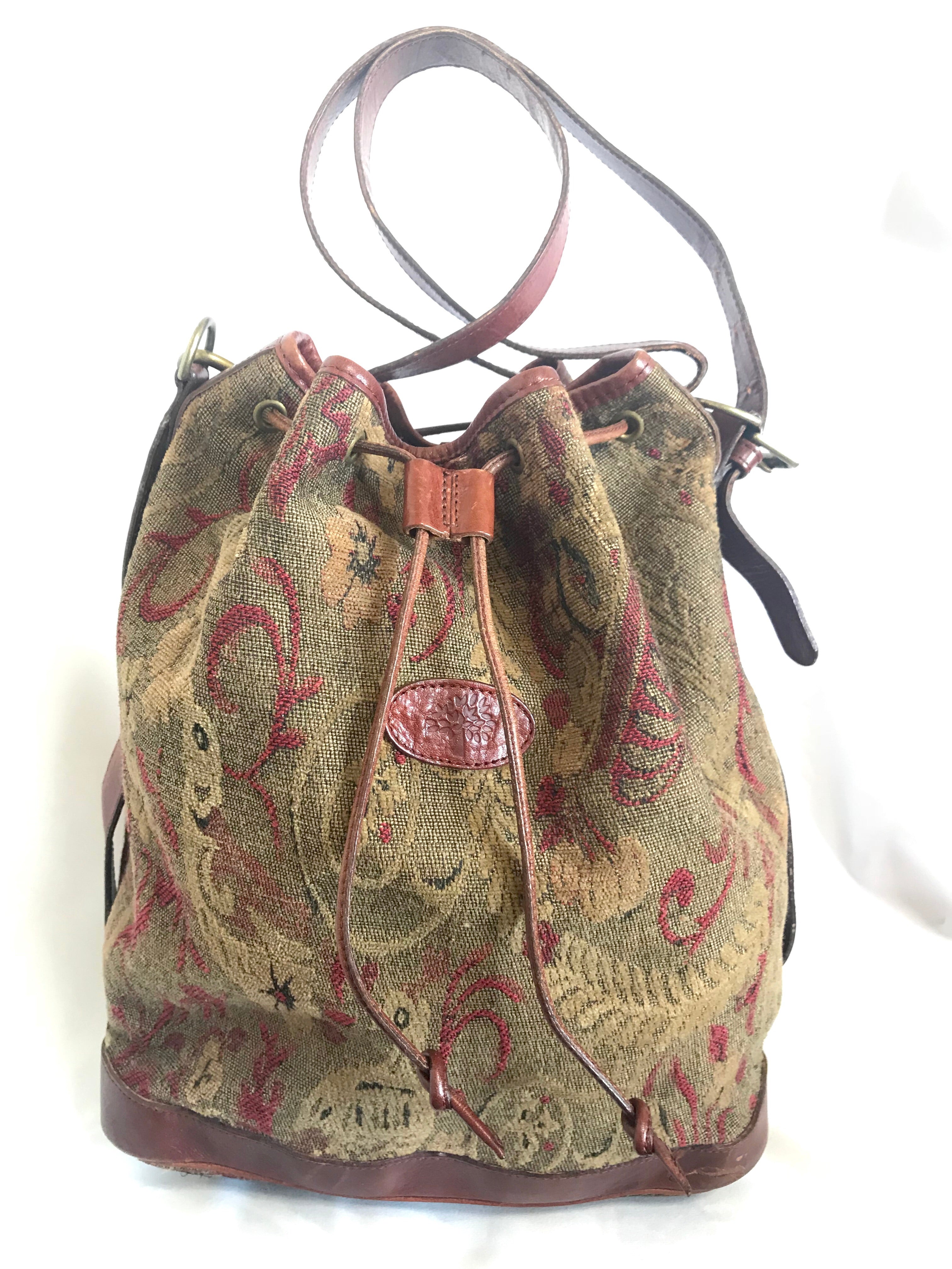 Vintage Mulberry khaki and wine brown gabeline weave fabric hobo bucket shoulder bag with leather trimming. Made in England. 050320r12