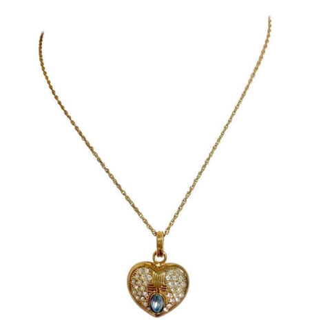 Vintage LANVIN golden skinny chain necklace with heart logo charm pendant top with clear crystals and blue crystal. 080323re1