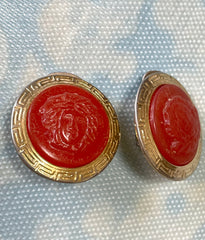Vintage Gianni Versace orange candy earrings with gold tone frames and Medusa face. Rare jewelry piece. 0407283