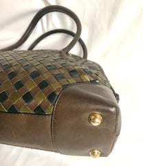 W4. Vintage Bottega Veneta brown, khaki, and black leather intrecciato bolide style handbag with tassel charms. Rare color purse. 050320r2