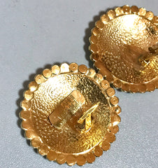 Vintage Gianni Versace large round gold tone medusa face earrings with crystal glasses. Must have Lady Gaga style jewelry piece.
