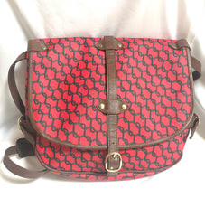 Vintage Roberta di Camerino red and brown saumur messenger shoulder bag with leather trimmings with R logo motif.  Made in USA. 060711r2