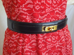 MINT. Vintage HERMES black box calf leather Kelly belt. Stamp S in O, 1989. size 65. 23", 24", 25", and 25.5". 050323re8