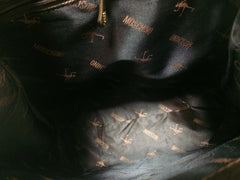 Vintage MOSCHINO genuine dark brown leather backpack with golden and black M logo motif from cheap and chic by moschino. Perfect daily bag. 060528r1