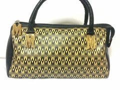 Vintage MOSCHINO black and ivory beige logo M print handbag, mini duffle bag with leather trimmings and golden M charms. 060521re1