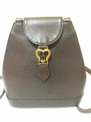 Vintage MOSCHINO genuine dark brown leather backpack with golden and black M logo motif from cheap and chic by moschino. Perfect daily bag. 060528r1