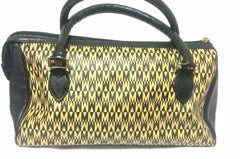 Vintage MOSCHINO black and ivory beige logo M print handbag, mini duffle bag with leather trimmings and golden M charms. 060521re1