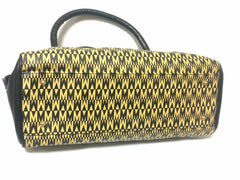 Vintage MOSCHINO black and ivory beige logo M print handbag, mini duffle bag with leather trimmings and golden M charms. 060521re1