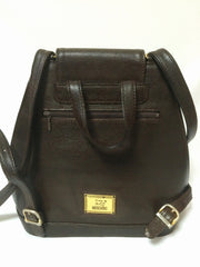 Vintage MOSCHINO genuine dark brown leather backpack with golden and black M logo motif from cheap and chic by moschino. Perfect daily bag. 060528r1