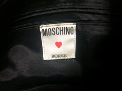 Vintage MOSCHINO black and ivory beige logo M print handbag, mini duffle bag with leather trimmings and golden M charms. 060521re1