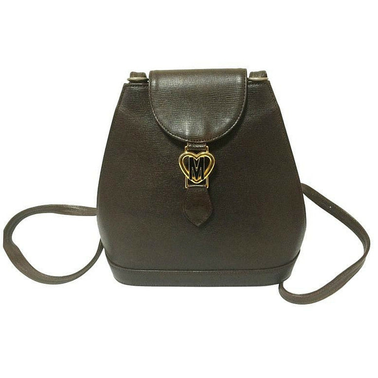 Vintage MOSCHINO genuine dark brown leather backpack with golden and black M logo motif from cheap and chic by moschino. Perfect daily bag. 060528r1