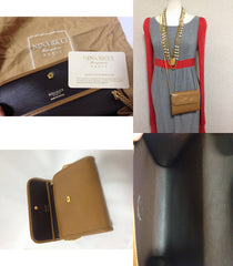 W3. Vintage Nina Ricci tanned brown leather mini clutch shoulder bag with golden chain and ribbon motif stitch marks. 050327re5