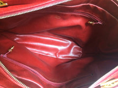 Vintage CHANEL red caviarskin v stitch, chevron style chain shoulder tote bag with golden CC ball charm. Classic purse for daily use.