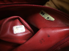 Vintage CHANEL red caviarskin v stitch, chevron style chain shoulder tote bag with golden CC ball charm. Classic purse for daily use.
