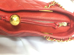 Vintage CHANEL red caviarskin v stitch, chevron style chain shoulder tote bag with golden CC ball charm. Classic purse for daily use.