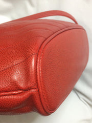 Vintage CHANEL red caviarskin v stitch, chevron style chain shoulder tote bag with golden CC ball charm. Classic purse for daily use.