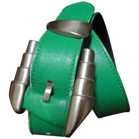 Vintage Gianni Versace green leather rock star belt with silver hardware.  Size for 25.5 inch, 65 cm. Get the authentic Lady Gaga look.