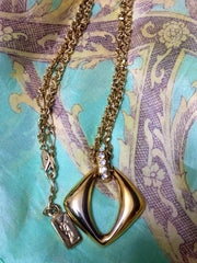 Vintage Yves Saint Laurent Golden Chain Necklace with Square/Rhombus Pendant | Crystal Accents | Iconic YSL Jewelry | 050327re6