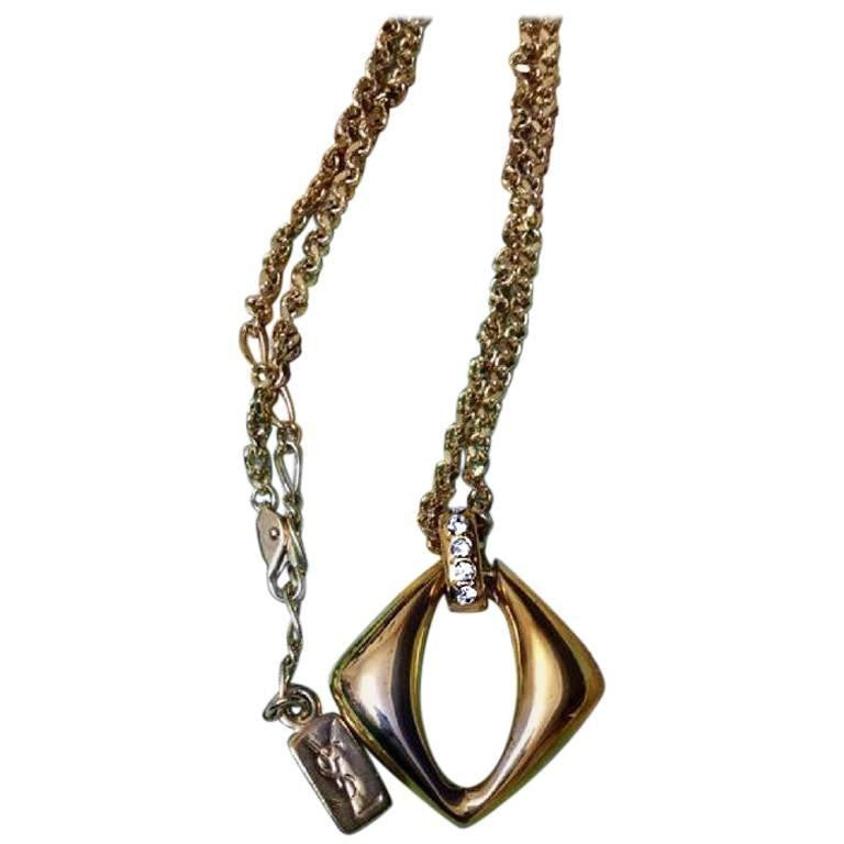 Vintage Yves Saint Laurent Golden Chain Necklace with Square/Rhombus Pendant | Crystal Accents | Iconic YSL Jewelry | 050327re6